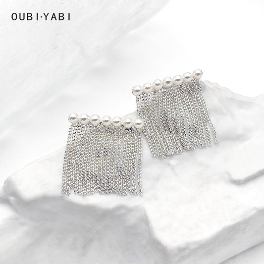 ZHONGTAI Sweet and little fresh earrings 22.6mmx22mm French minimalist style tassel earrings, pearl earrings, high-end chain tassel earrings